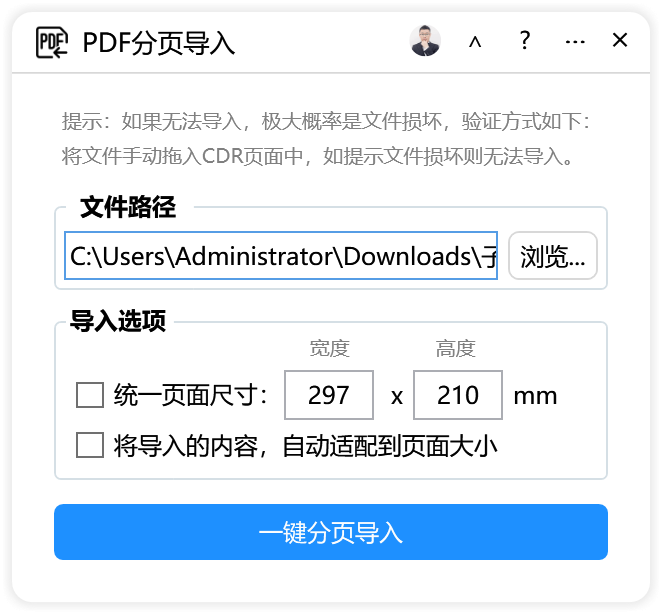 PDF分页导入-CDR超平面云插件界面截图